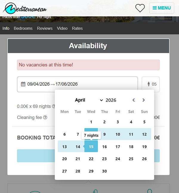 The image displays a booking interface for a Mediterranean villa with an availability calendar.