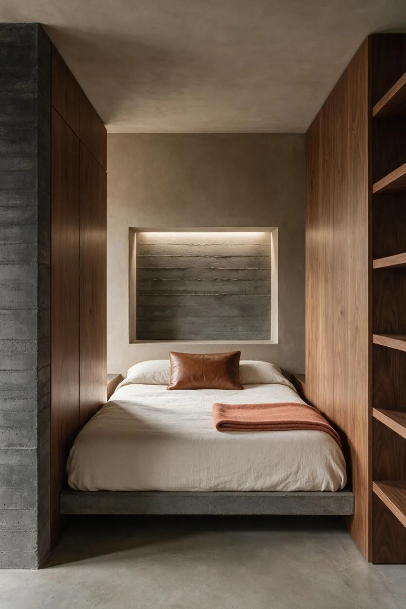 A narrow master bedroom featuring a low platform bed with cream bedding and a brown leather pillow, framed by raw concrete walls and ceiling. Warm wood paneling and open shelving soften the space, while a recessed illuminated niche adds depth behind the bed.