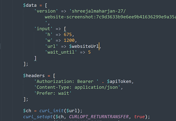 The image displays a code snippet for implementing a screenshot model using an API.