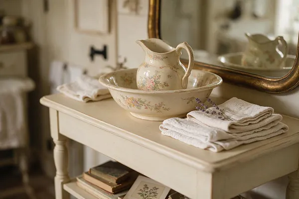 A cream-painted washstand displays a floral ceramic pitcher and basin, neatly folded white towels, and a small sprig of dried lavender. A gold-framed mirror reflects the soft, antique-inspired arrangement, creating a calm cottagecore vanity scene.