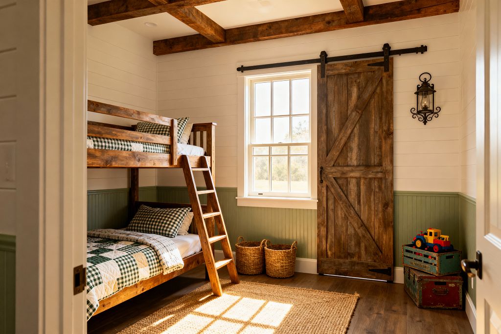 A cozy farmhouse kids’ room with a rustic wooden bunk bed and ladder on the left, dressed in green-and-white gingham quilts. White shiplap walls with sage beadboard wainscoting surround a central window and a sliding barn door with black hardware. Exposed ceiling beams, a jute rug, and two woven baskets sit on warm hardwood floors. Stacked vintage crates hold colorful toy trucks, and a black iron lantern sconce hangs on the wall, all lit by soft daylight.