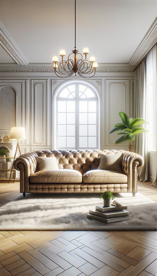 a luxurious semi-aniline leather sofa in a bright, elegantly decorated living room, showcasing the soft, natural texture and slight sheen of the leather