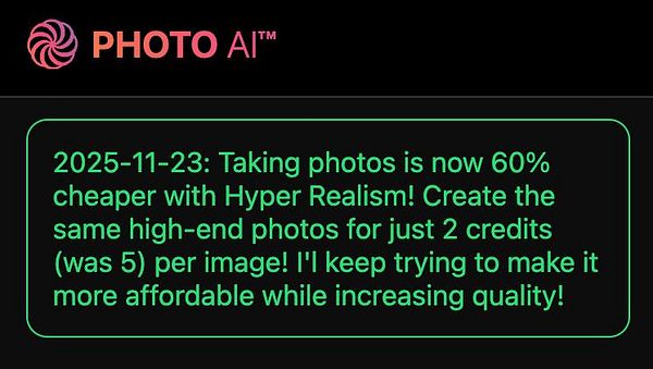 The image displays a digital interface for a photo AI service with pricing and feature updates.