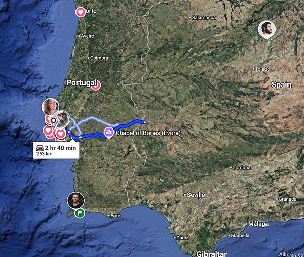 A map showing a route in Portugal with notable locations and travel details.