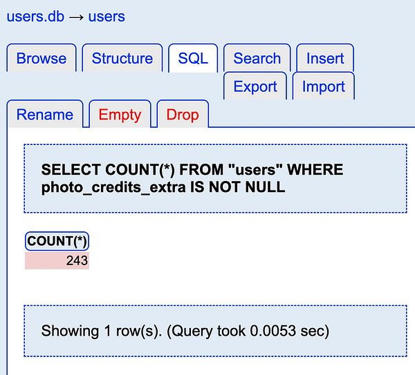 The image displays a database query result showing the count of users who have purchased extra photo credits.