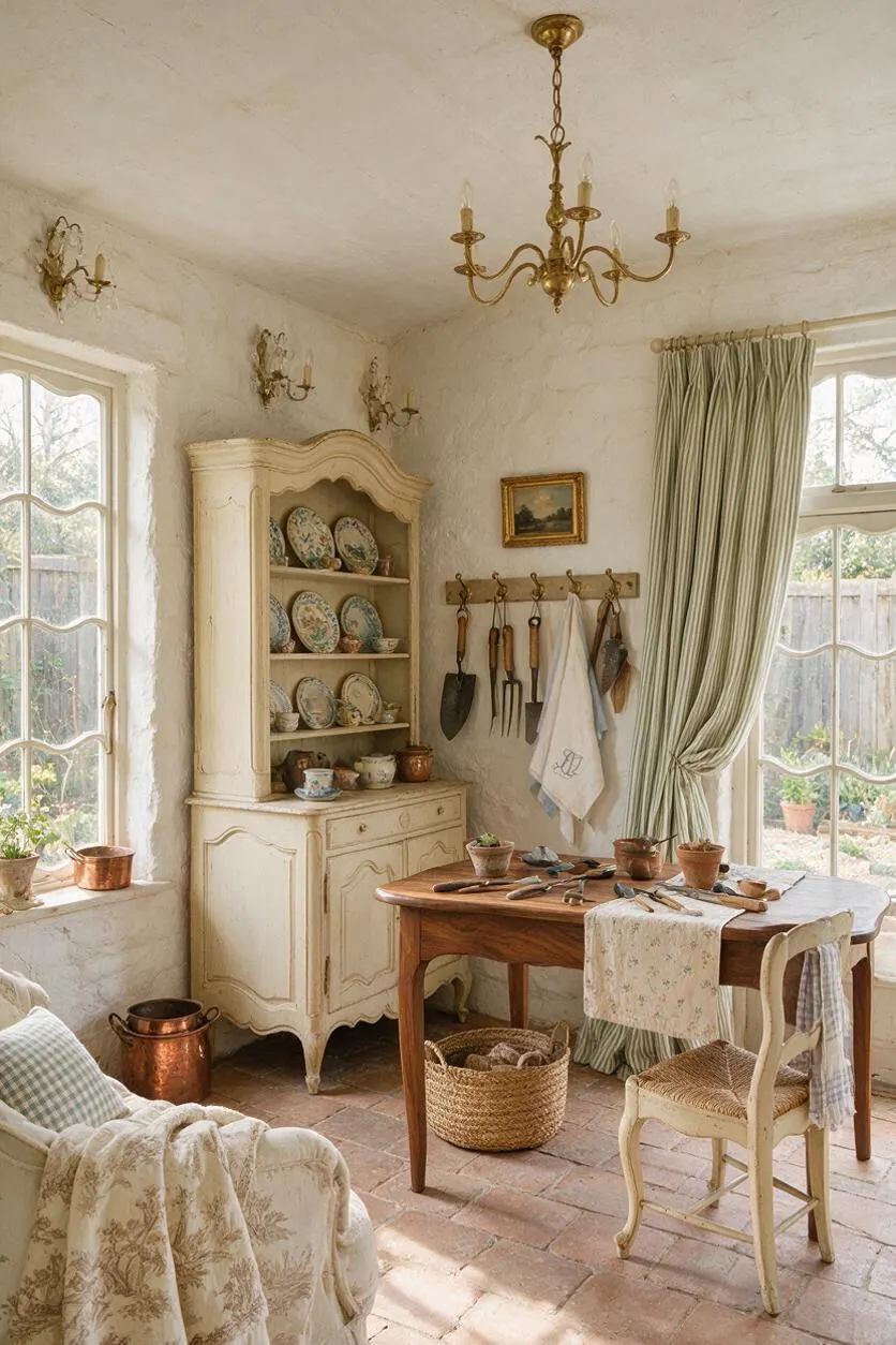 A sunlit French Country backyard room with rough white plaster walls, a gold chandelier, and tall multipane windows framing the garden. A cream armoire, wooden worktable, woven basket, hanging tools, and soft green curtains create a warm rustic workspace.