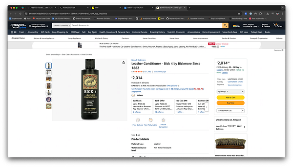 The image displays a product page for Bickmore's Leather Conditioner on Amazon.
