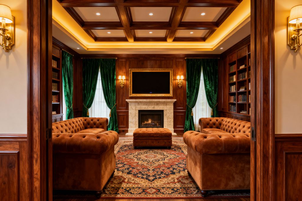 Traditional media room with rich wood paneling and a coffered ceiling, centered on a marble fireplace with a wall-mounted TV in a gilded frame. Two cognac leather Chesterfield sofas and a matching ottoman sit on a red and navy oriental rug between built-in bookcases, with emerald velvet drapes, brass sconces, recessed downlights, and warm cove lighting creating an intimate, library-like atmosphere.