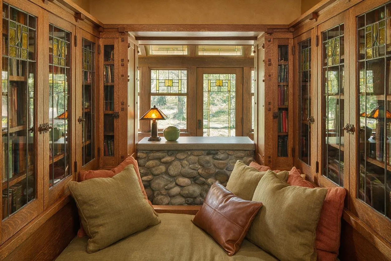 A narrow Craftsman-style sunroom with rich wood paneling, built-in glass-front cabinets, and a cushioned window seat with green and rust pillows. At the far end, a stone half wall supports a ledge with a small amber lamp, while leaded glass doors and transom windows admit soft daylight.