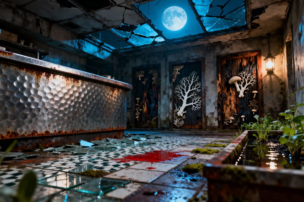 A derelict kitchen shows a hammered stainless-steel island with a rusted base beneath a shattered skylight framing a bright full moon. The green-and-white tiled floor is strewn with broken glass, wet patches, moss, and a red stain beside a galvanized planter holding water and seedlings. Three charred wooden doors on the back wall display bone-white coral reliefs and mushrooms, while a single lantern casts warm light onto stained concrete walls.