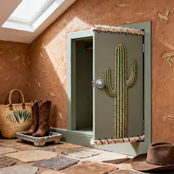 A Southwestern mudroom with terracotta, straw-flecked plaster walls and a sage green built-in cabinet featuring a raised cactus motif and a silver concho knob. The door is trimmed with rawhide-style lacing and fur. An irregular flagstone floor in tan and gray supports a stone boot tray with leather cowboy boots, a woven basket holding green fronds, and a brown felt hat. Sunlight pours from a sloped skylight above, casting warm shadows.