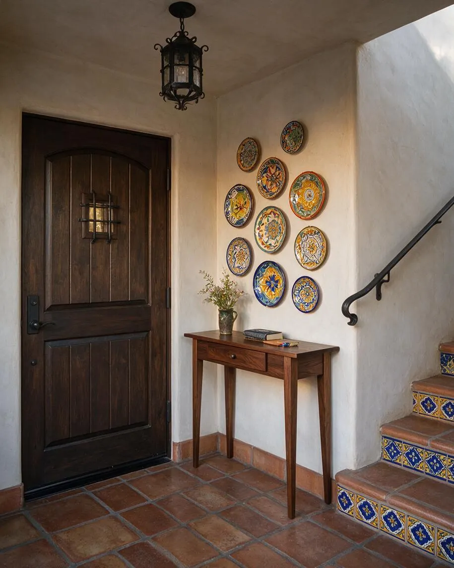 A Mediterranean-style entryway with a dark wood front door, a wrought iron lantern overhead, and colorful decorative ceramic plates arranged on the wall. A slim wooden console table sits below the plates, while terracotta floor tiles and patterned stair risers add warm texture and vibrant detail.