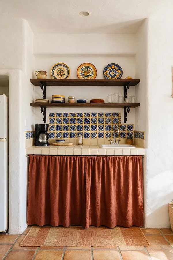 A compact Mediterranean-style kitchen niche with white stucco walls, dark wood shelves, and a patterned blue-and-gold tile backsplash. Open shelving displays colorful ceramic plates, bowls, and glasses above a small sink and coffee maker, while a rust-colored fabric skirt hides the lower cabinets.