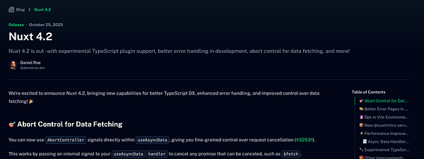 The image displays a blog post about Nuxt 4.2, highlighting its new features and improvements.