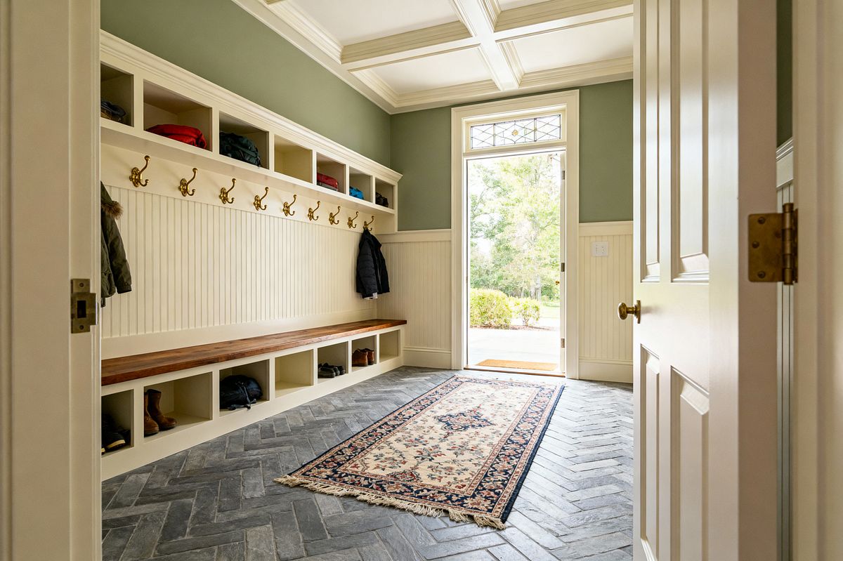 Room AI – Traditional Mudroom with Beadboard and Herringbone Brick