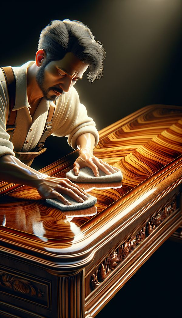 A craftsman carefully applies French Polishing technique to a vintage wooden table, highlighting the glossy finish and intricate wood grain.