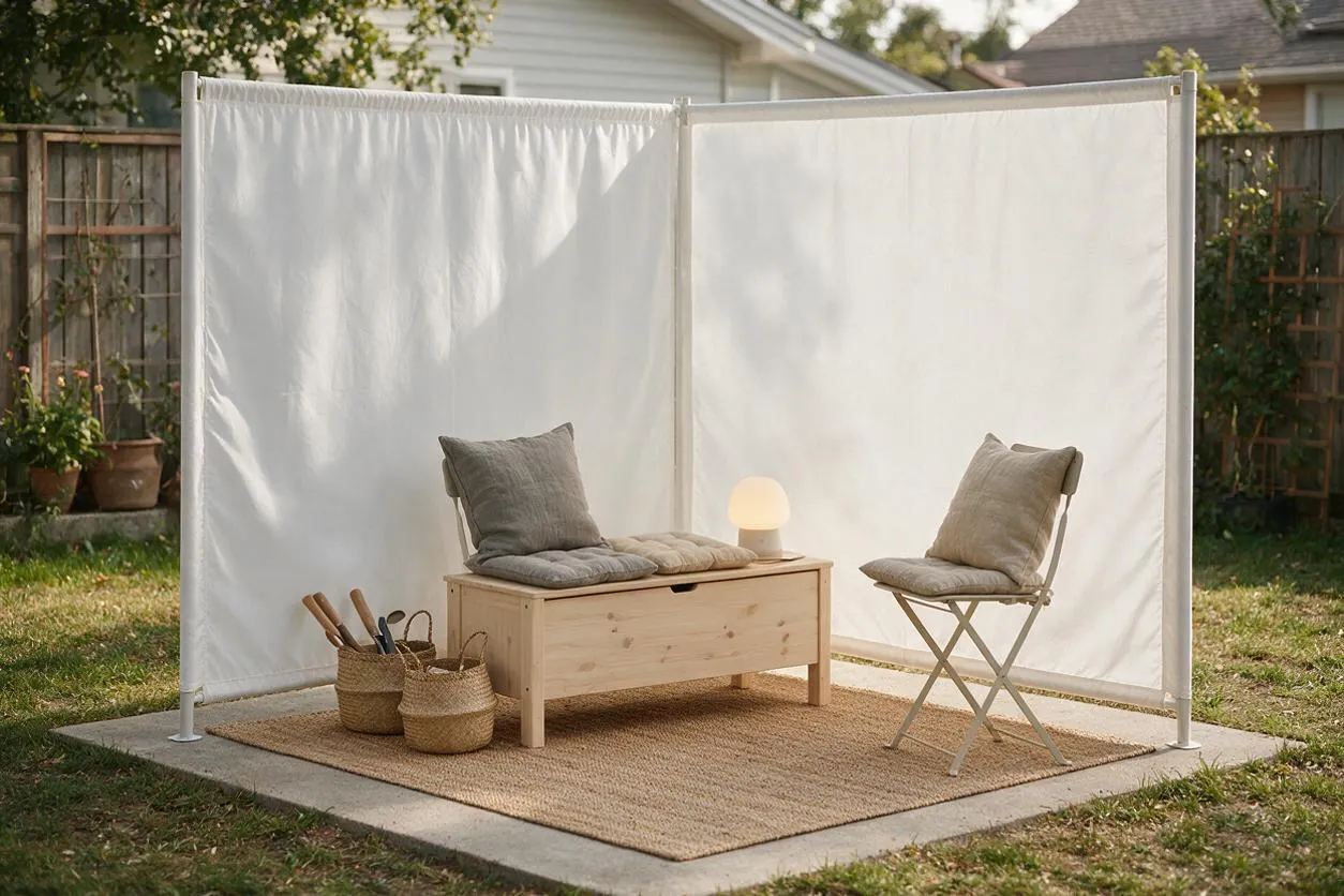 A serene backyard seating nook with white privacy screens, a light wood bench chest, a folding chair, woven baskets, and a natural jute rug. Soft cushions and a glowing lamp create a calm Scandinavian-inspired outdoor retreat.