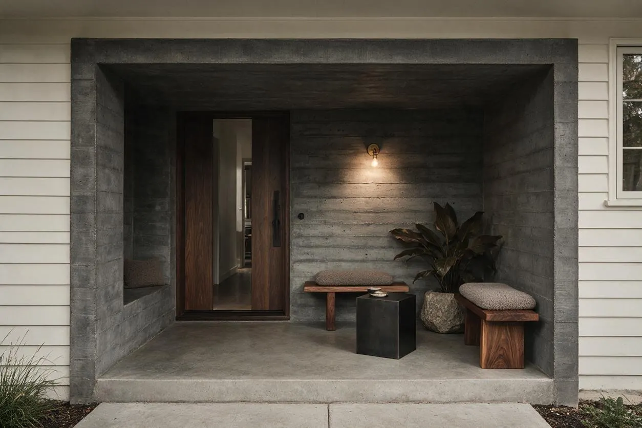 A recessed front porch framed by raw concrete with a deep, box-like opening and a dark wood front door. Inside are two simple wood benches with textured cushions, a black cube side table, a stone planter with a leafy plant, and a single warm wall sconce.