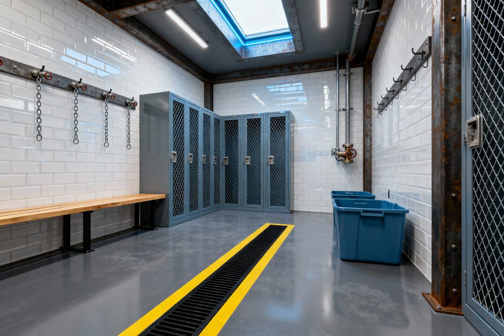 A polished industrial mudroom with glossy white subway-tile walls, a gray epoxy floor, and a yellow-edged trench drain. Slate-blue steel-mesh lockers line the corner beside a light wood bench; exposed galvanized pipes, rusted steel beams, linear LED lights, a skylight with blue accent glow, chain-and-hook rails, and blue plastic bins complete the functional, utility-driven space.