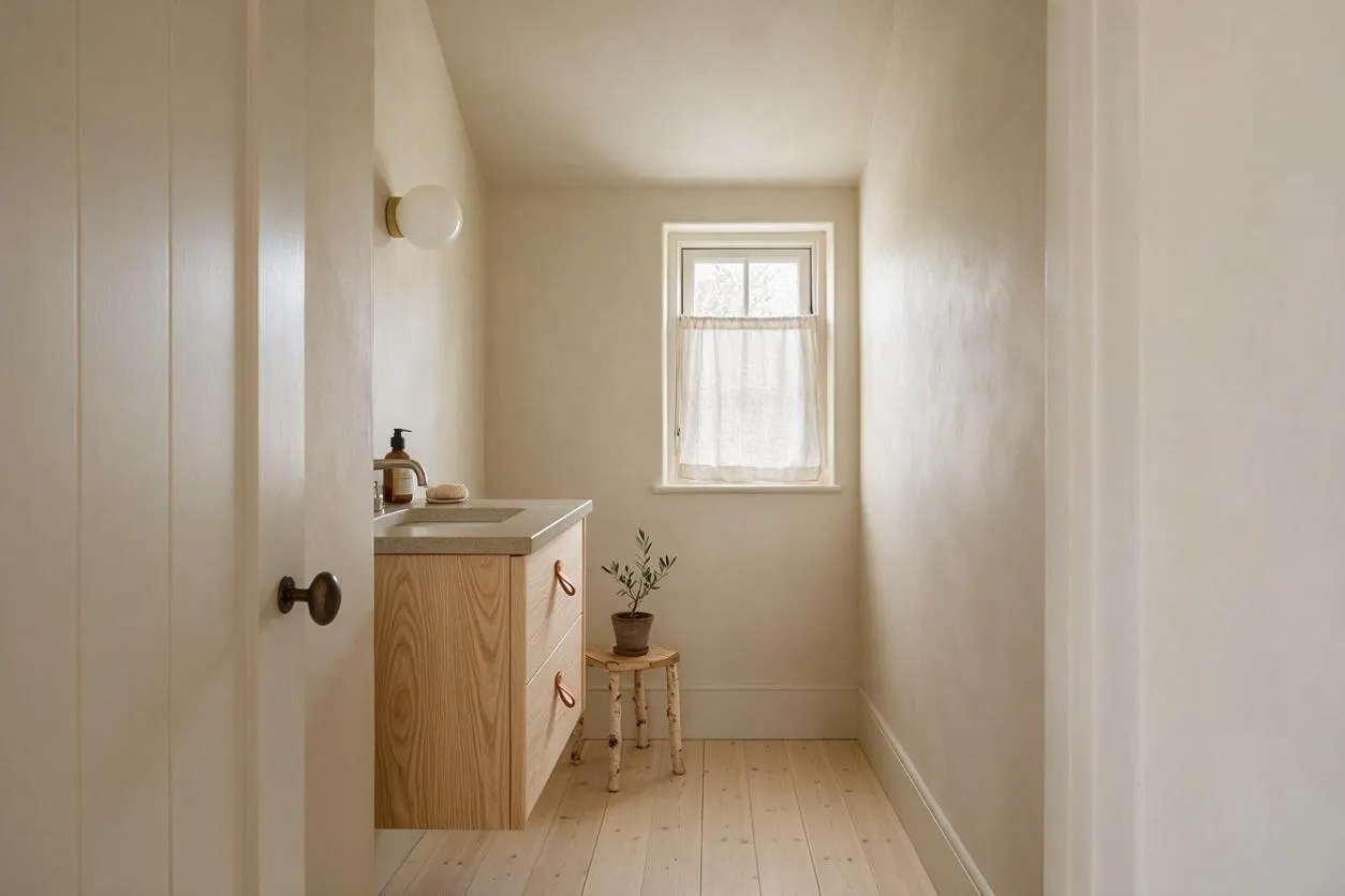 A narrow Scandinavian-style powder room with pale plaster walls, a small window dressed in a sheer white curtain, and a light oak floating vanity topped with a simple stone-look countertop. A round wall sconce, dark hardware, a small wooden stool with a potted plant, and soft wood plank flooring complete the calm, minimalist space.