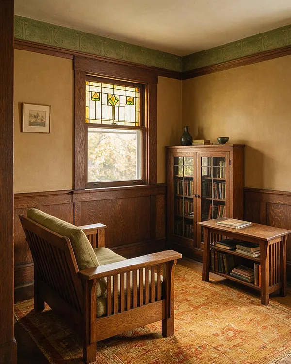 A cozy Craftsman-style studio apartment corner with wood wainscoting, a leaded stained-glass window, and a green-upholstered wooden armchair. A glass-front bookcase and small wooden side table sit on a patterned rug beneath warm beige walls and a decorative green frieze band.