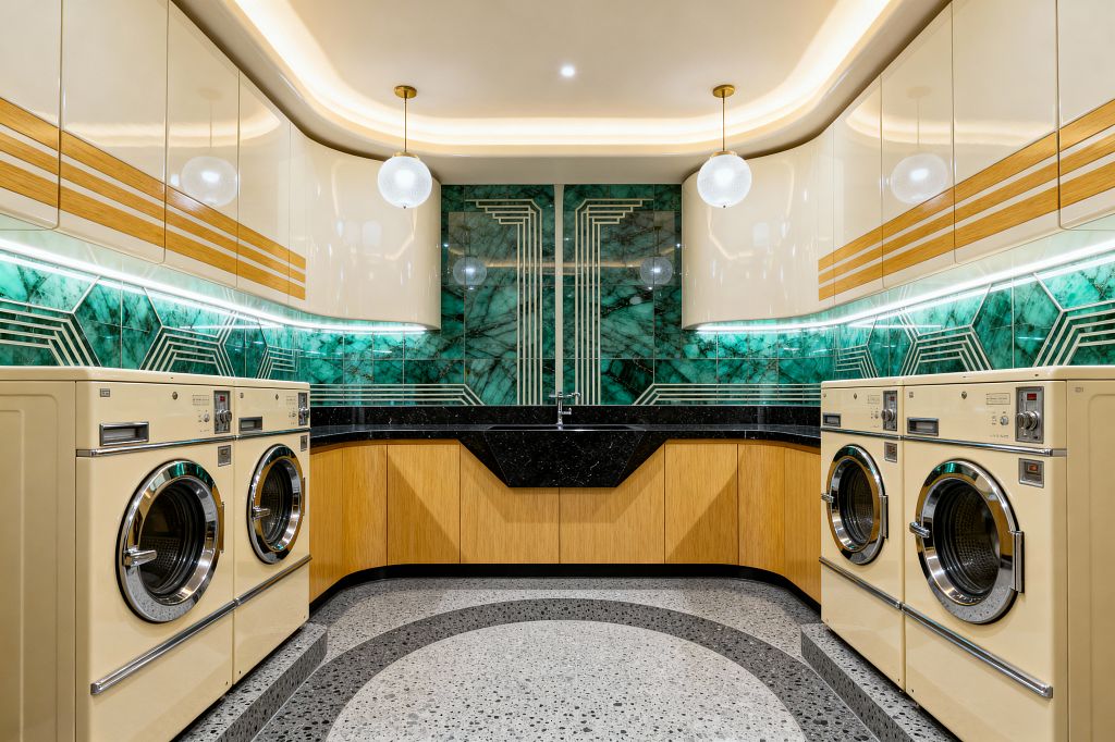 A symmetrical Art Deco laundry room features pairs of cream front‑loading machines with chrome trim flanking oak base cabinets and a black stone sink. An emerald marble backsplash with brass geometric inlays runs under glossy cream, curved upper cabinets with wood banding and LED strips; globe pendants and cove lighting illuminate a gray terrazzo floor with dark arcs, creating a glamorous, streamlined look.