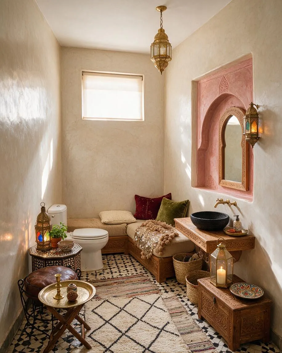 A narrow master bathroom styled in Moroccan design, featuring cream plaster walls, a pink arched wall niche with an ornate mirror, brass lanterns, carved wood furniture, and patterned floor tiles. A small seating area with cushions, woven baskets, and decorative trays creates a cozy, spa-like atmosphere.