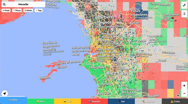 Color-coded Hoodmaps view of Marseille with various neighborhood nicknames and categories displayed.