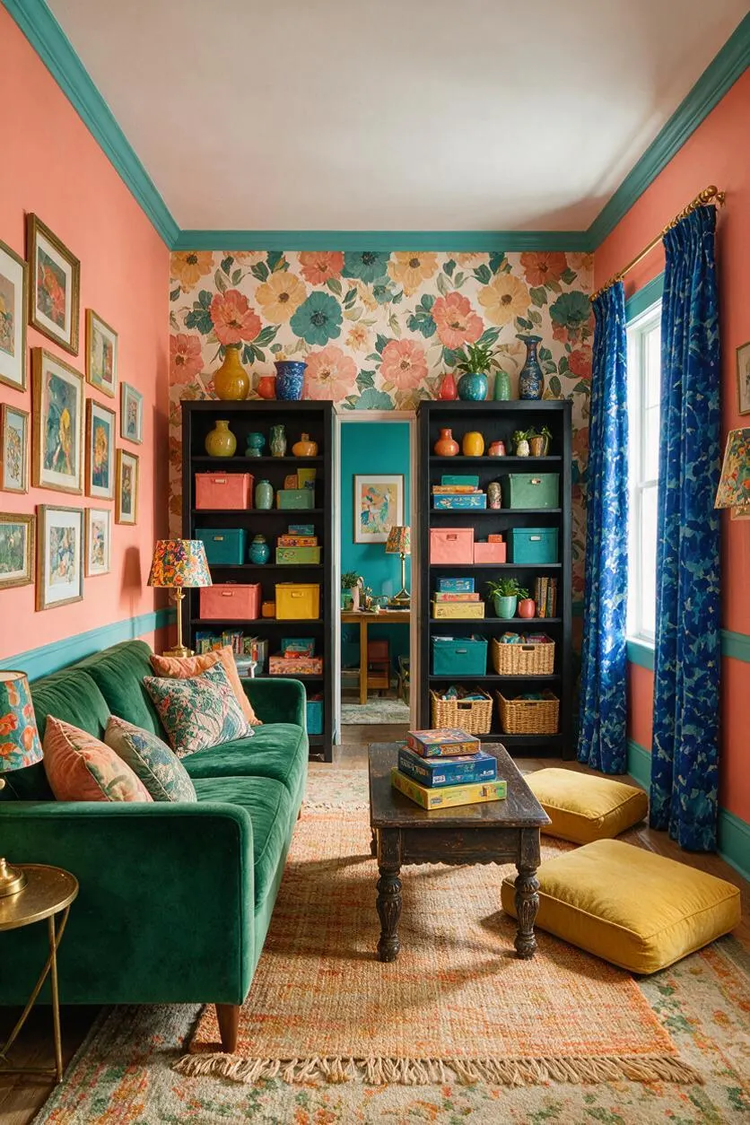 A colorful game room with coral-pink walls, teal trim, and large floral wallpaper behind two black bookcases filled with boxes, baskets, and vases. A deep green velvet sofa, patterned pillows, blue floral curtains, mustard floor cushions, and a rustic wooden coffee table create a lively maximalist space.