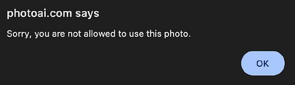 A warning message from a website indicating a restriction on photo usage.