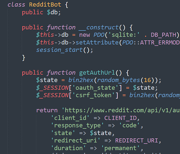The image displays a code snippet for a Reddit bot class in PHP.