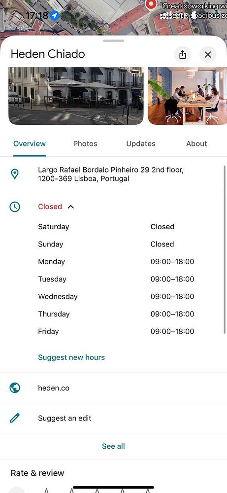 The image displays the Google Maps listing for Heden Chiado, a coworking space in Lisbon, Portugal, highlighting its operating hours.
