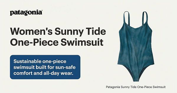 The image features a women's one-piece swimsuit from Patagonia, highlighting its sustainable design.