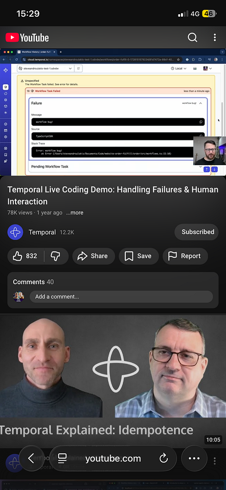 Screenshot of a YouTube video titled "Temporal IO..." showing a user interface for watching videos with related videos listed on the right.