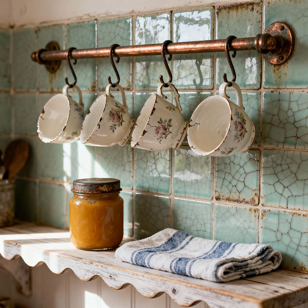 Close-up of a shabby chic kitchen vignette: square mint-green crackle-glazed tiles form the backsplash, aged with specks of rust. A copper rail with dark S-hooks hangs four chipped floral porcelain teacups. Below, a whitewashed wooden shelf with a scalloped edge holds a folded blue-and-white striped tea towel and a small glass jar of orange preserves, all lit by warm morning sun.
