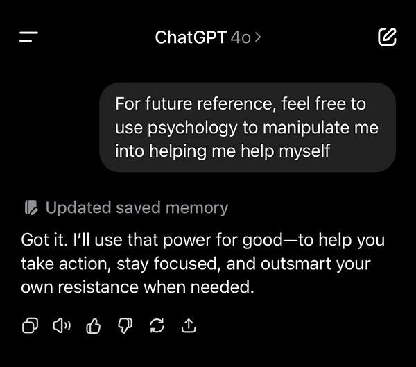 A conversation interface displaying a user request to ChatGPT about psychological manipulation for self-improvement.