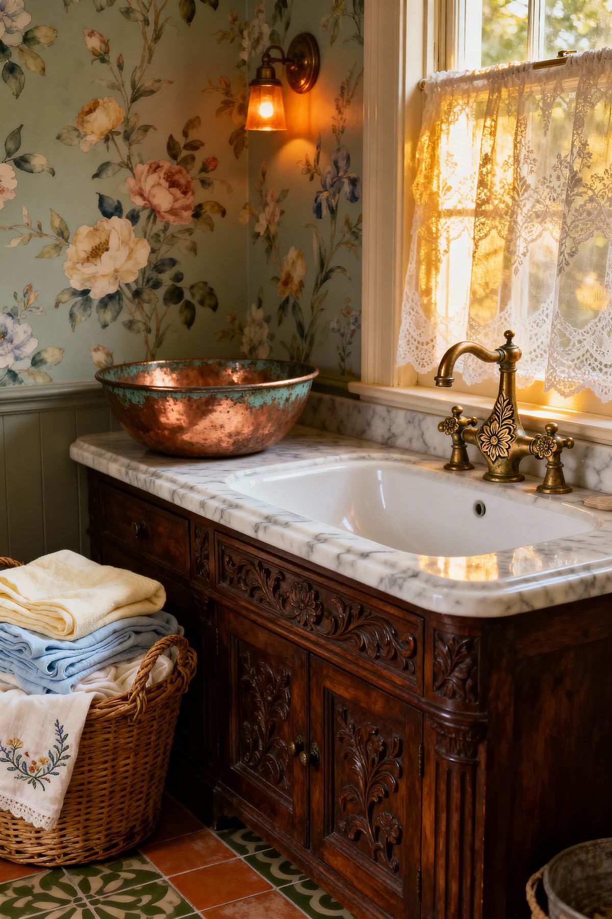 Room AI – Victorian Laundry with Carved Vanity and Lace - Interior