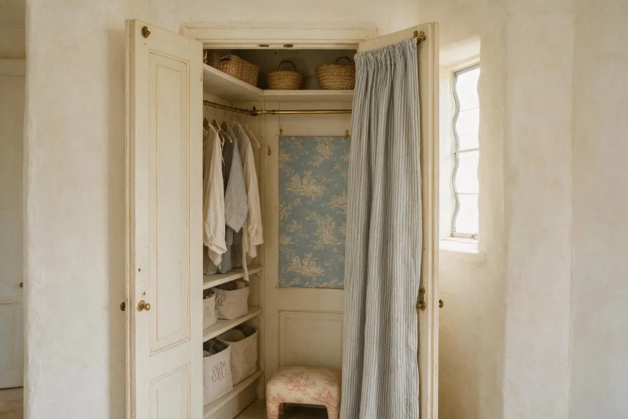 A small French Country closet with cream paneled doors, open shelving, hanging white garments, wicker baskets, and fabric storage bins. A pale blue floral back panel and a striped linen curtain add softness, while a floral upholstered stool sits at the bottom near a small window.