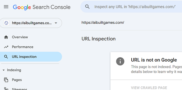 The image displays the Google Search Console interface showing a URL inspection for aibuiltgames.com.