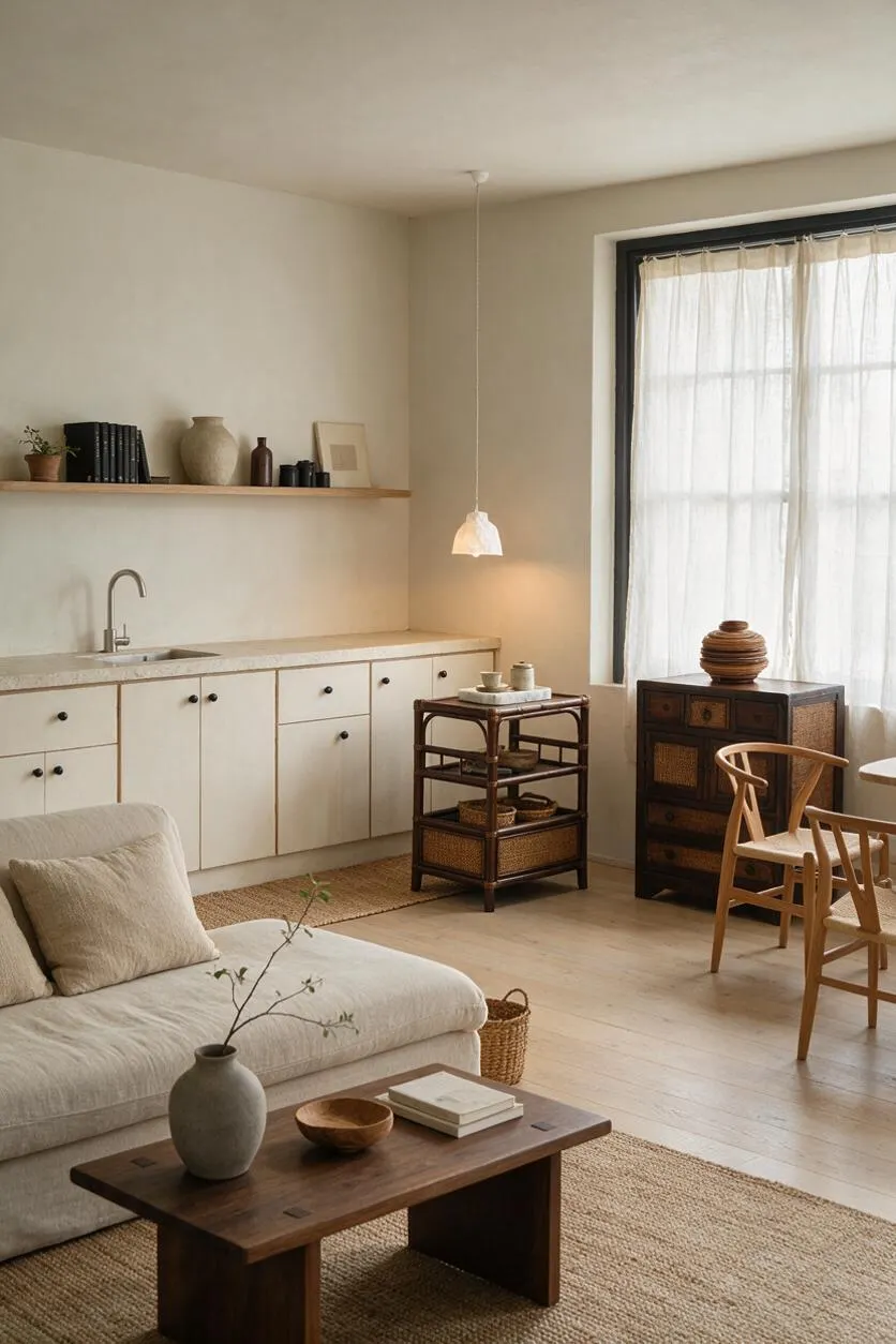 A calm Japandi-style kitchen and living space with cream cabinetry, a pale stone countertop, open wood shelf, and a hanging pendant light. Natural wood furniture, woven accents, and sheer curtains soften the room beside a large window.