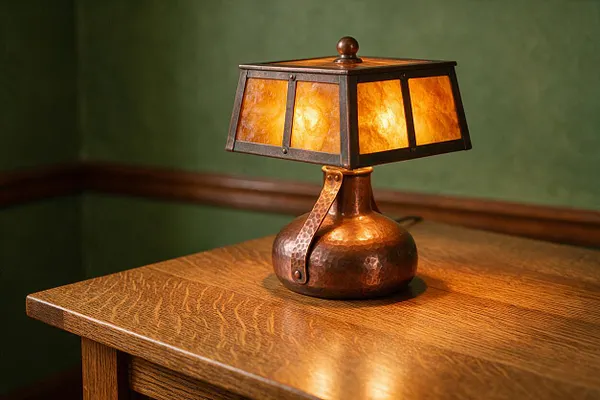 A small Craftsman-style table lamp sits on a polished oak surface. The lamp has a hammered copper base and a warm amber mica shade framed in dark metal, casting a soft golden glow against a muted green wall.