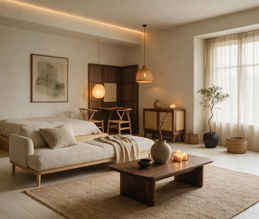 A living room in the Japandi style