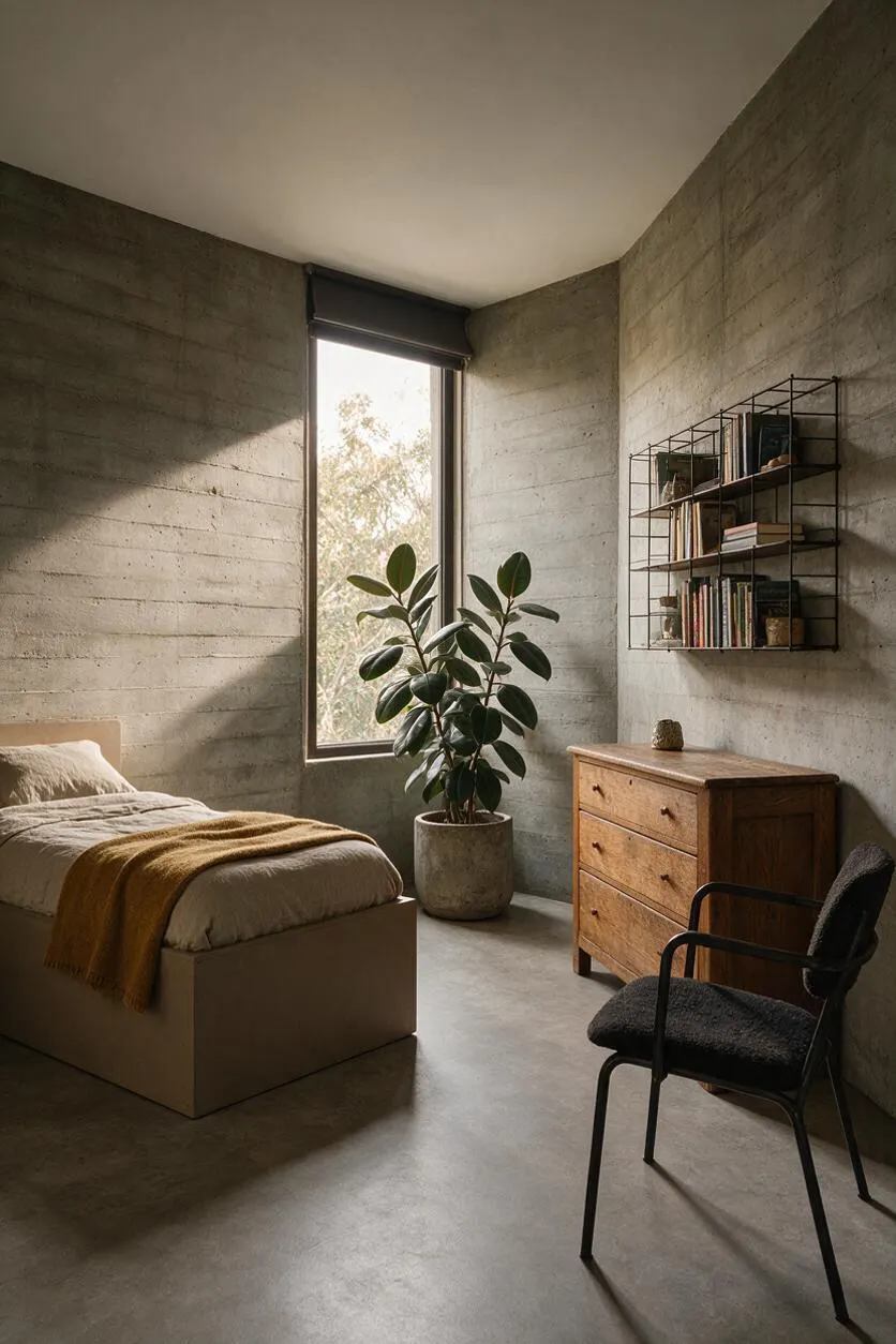 A minimalist kids' room with raw concrete walls, a tall narrow window, and soft natural light. The space includes a simple bed with neutral bedding, a mustard throw, a potted plant, a wooden dresser, a black metal chair, and a wall-mounted wire bookshelf.