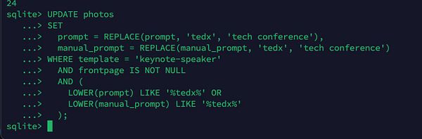 A SQL command is displayed for updating photo records in a database.