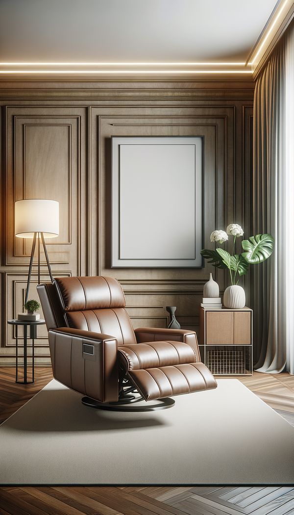A luxurious living room featuring a sleek, contemporary leather recliner fully extended in a reclining position, with a modern lamp and side table beside it.