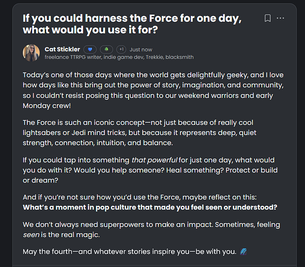 A discussion post inviting community members to reflect on the concept of the Force from pop culture.