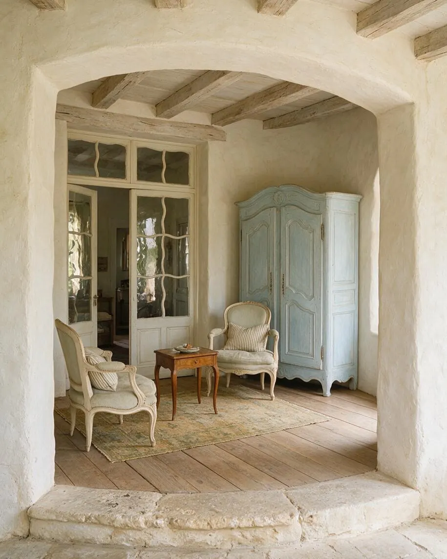 A French Country front porch with a stucco archway, exposed wood ceiling beams, and wide plank wood flooring. Inside are two upholstered vintage armchairs, a small wooden side table, a faded patterned rug, and a pale blue armoire beside glass-paned French doors.