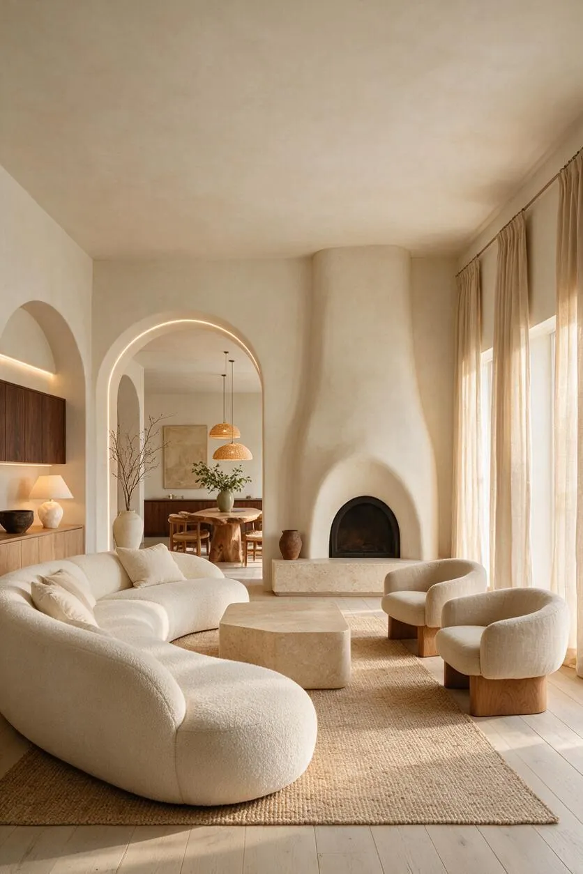 A warm organic modern living room with a curved cream sofa, two rounded upholstered chairs, and a low stone coffee table on a natural jute rug. The room features a sculptural plaster fireplace, arched doorways with integrated lighting, sheer floor-to-ceiling curtains, and wood accents in a calm neutral palette.