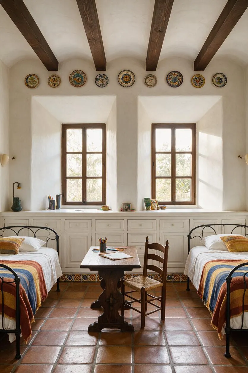 A sunlit Mediterranean-style kids' room with two black metal twin beds, white bedding, colorful woven blankets, and a small wooden table and chair in the center. The room has terracotta tile floors, white plaster walls, exposed dark wood ceiling beams, two wooden-framed windows, and decorative ceramic plates displayed high on the wall.