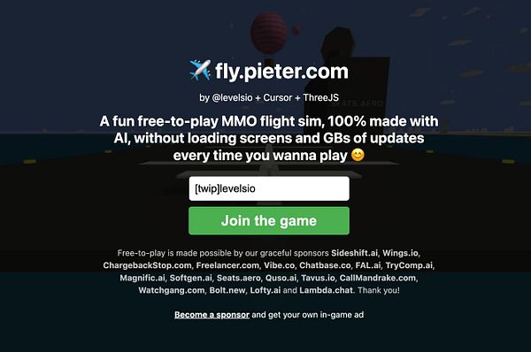 The image features a promotional interface for the flight simulation game at fly.pieter.com.